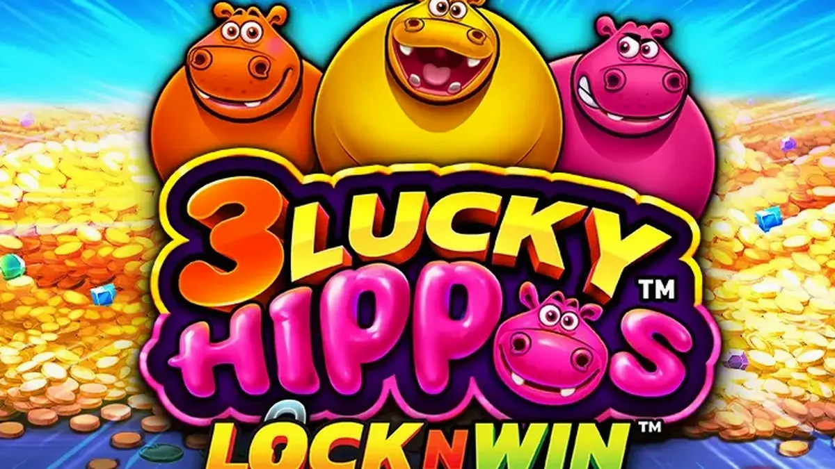 3 Lucky Hippos slot game screen na nagpapakita ng mga makukulay na hippos.