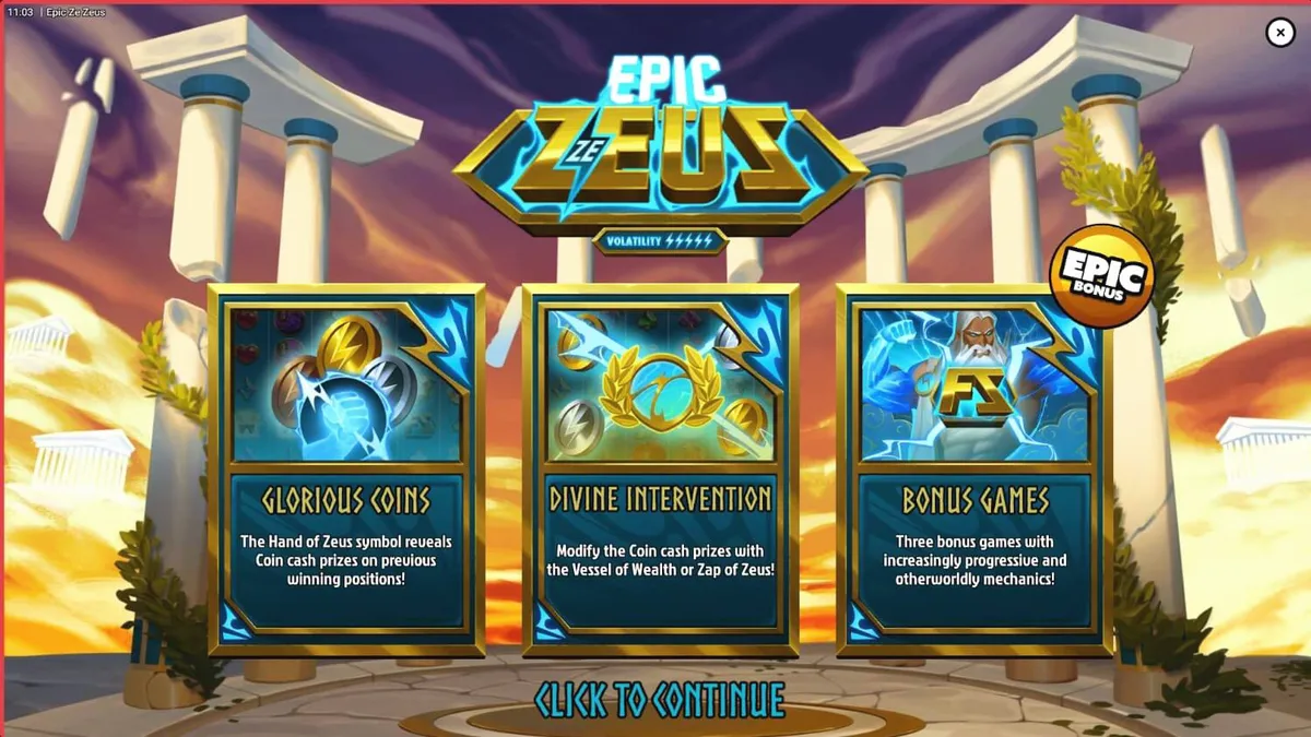 Epic Ze Zeus slot machine interface na may temang Greek mythology